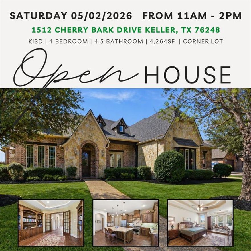 ++OPEN HOUSE SATURDAY 05-02-2026 FROM 11AM-2PM++ Tucked into the sought-after Silverleaf community, this custom one-story residence offers a rare blend of thoughtful design, elevated finishes, and meticulous care. Positioned on a corner lot, the home delivers a refined presence with a layout that lives beautifully. All bedrooms are privately separated, with three featuring their own ensuite baths, creating an ideal balance of comfort and privacy for guests or multi-generational living. Rich hand-scraped hardwood floors extend through the main living areas, now seamlessly carried into the executive office and primary suite for a cohesive and elevated aesthetic. The kitchen anchors the home with custom site-built cabinetry, granite surfaces, and professional-grade appliances, dishwasher replaced January 2025, opening naturally to the main living spaces designed for connection and everyday living. The primary suite offers a peaceful retreat with a spacious sitting area and a well-appointed bath featuring a jetted tub, frameless glass shower, dual vanities, and a generous walk-in closet. Architectural details throughout include extensive trim work, crown molding, solid core doors, and built-in features that reflect the craftsmanship of a true custom home. Recent updates provide confidence and long-term value, including a new roof installed summer 2025, both HVAC systems replaced in 2025, and a refreshed front entry with newly stained door and updated hardware. Built with efficiency in mind, the home is ENERGY STAR certified and part of the Green Built Texas program, offering enhanced performance, comfort, and energy savings. The outdoor spaces are designed for ease and enjoyment, featuring covered patios and a manageable yard that complements the home’s low-maintenance lifestyle. A rare opportunity to own a meticulously maintained, single-story custom home in one of Keller’s most desirable pocket neighborhoods.