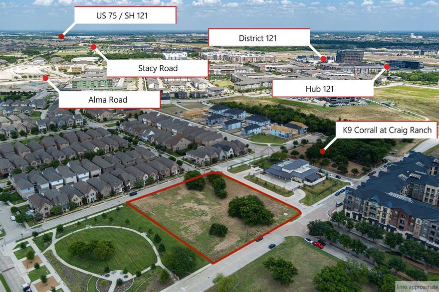You'll have unincumbered space on 3 sides and a park on the other side with this one-of-a-kind, appx. 1.5 acre parcel. Golden opportunity to join the prestigious family of Craig Ranch businesses. Restaurant, Hotel, Medical Office, small business. The list of the City of McKinney approved uses are located in the Documents file. The property ID used by the City of Mckinney is; R-8981-00B-002R-1.