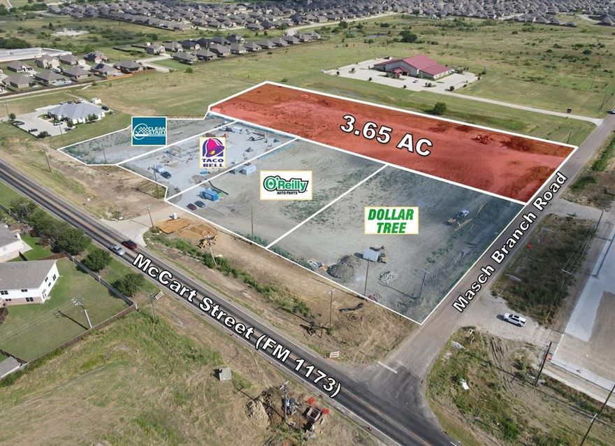 Commercially zoned and platted lot on NWQ of FM 1173 & Masch Branch Rd in Krum, located directly behind brand new retailers Taco Bell, O'Reilly Auto Parts, and Dollar Tree which are currently under construction.  All utilities are to the site and the lot will be delivered with detention in place, using about 16% of the site.  Great location for multifamily, flex-industrial, or office-medical developments.
