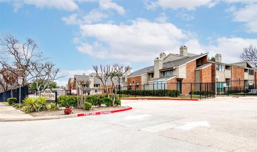 Imagine and achieve home ownership in Dallas for $130,000.  Trinity Royal Condos is a gated condominium community located at 9600 Royal Lane in Lake Highlands in Northeast Dallas.  Lake Highlands is known for its extensive green spaces, strong community, and is located within the highly sought after Richardson Independent School District. Trinity Royal Condos has a community swimming pool and assigned covered parking. Monthly HOA includes water, trash, grounds, pool, roof, exterior.  The community is pet-friendly.  Located on the first floor, Unit 302 features a wood burning fireplace, wood look tile floors, abundant natural light, updated kitchen, breakfast room, bedroom, laundry with washer and dryer, and a full bath. Kitchen has modern look with painted cabinets, granite counters, stainless microwave, electric range and dishwasher. Enjoy your own private fenced patio with storage closet.  The neighborhood is situated just 15 minutes from White Rock Lake, a wildly popular major urban lake offering a 9.33-mile trail for hiking, running, and cycling, as well as opportunities for kayaking, canoeing, and paddle boarding. The area also boasts over 875 acres of parks and 26 miles of trails, including popular spots like Flag Pole Hill, which provides a scenic overlook and is a favorite for picnics and concerts.  Nearby to local shopping centers like the Lake Highlands Town Center and a diverse food scene including local favorites such as Resident Taqueria, Shady's Burgers, and Lochland's Food & Spirits.  Great access to I-635 and US-75. The Dallas Area Rapid Transit (DART) Blue Line has several stations in or near the area, including the Lake Highlands Station, providing light rail access to downtown Dallas and beyond. Less than 25 minutes to Dallas Love Field & DFW International Airport. Not eligible for FHA financing.