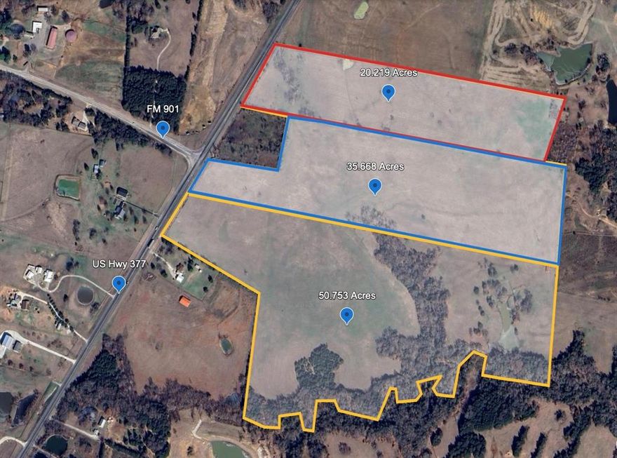 Location! Location! Location!   50.75 acres with Hwy 377 Frontage just a few miles from Lake Texoma, Cedar Mills Marina, & Walnut Creek Marinas.
Water and electric available.  Property is gently rolling and has lots of possibilities for development.   Trees and a creek line the south side of the property and a stock tank sits toward the back of  the property.   Property is currently used for grazing and hay production and currently has an AG exemption.  Beautiful tract with residential or ranch potential or great location for development.  Owner has a total of 106 contiguous acres for sale.