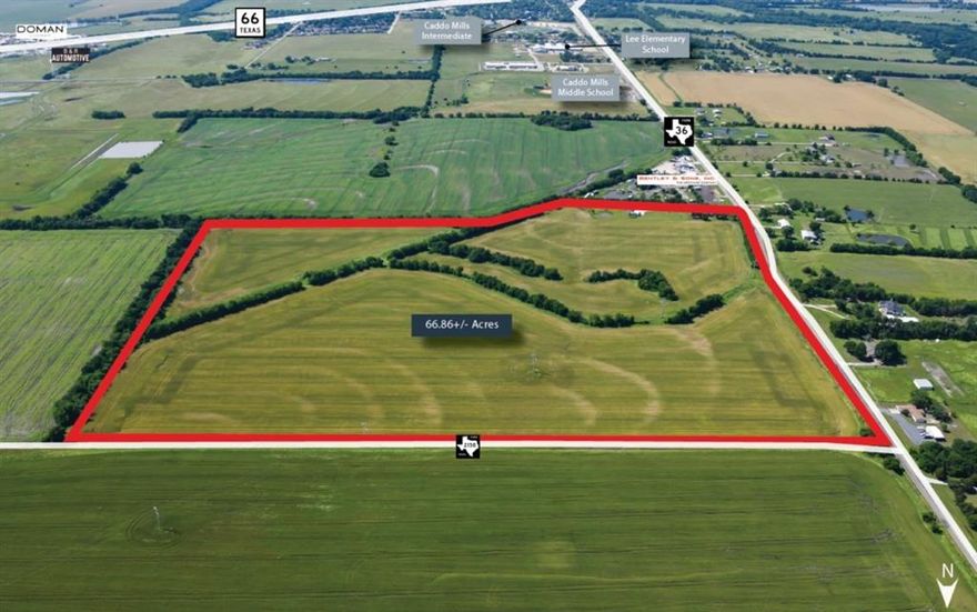 Vanguard Real Estate Advisors (“VREA”) has been exclusively retained by Ownership to offer investors and developers the opportunity to purchase 66.86+- acres (the “Site”) located along FM 36 in the Caddo Mills ETJ. This Site directly fronts FM 36 with nearly 1,500' of frontage: a major thoroughfare serving Caddo Mills and the greater Hunt County area. FM 36 also connects the Site to Highway 66 (one mile south) and Interstate 30 (4.5 miles south).

Situated in the Caddo Mills ETJ, the Site benefits from no known zoning restrictions, providing flexibility for a wide range of uses. Caddo Mills is one of the fastest-growing communities in the DFW area, making this an outstanding opportunity for forward-thinking investors and developers looking to capitalize on the area’s continued expansion. At a price at only $38,139 per acre, this is an excellent value.