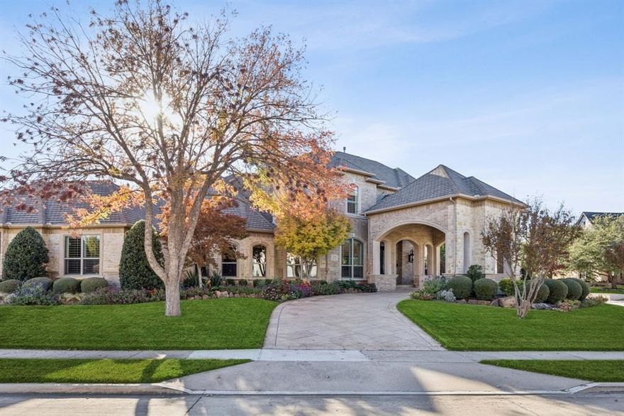A rare opportunity in the prestigious gated Stonebriar Country Club Estates. Set on a .40-acre interior lot, this custom 6,792 sq ft luxury home blends timeless architecture, privacy, custom finishes & luxurious design. Enter through a private gated drive w-porte-cochere, circular driveway, & split 3-car garage. The secluded backyard is a resort-style retreat featuring lush landscaping & a pool & spa by Hauk Custom Pools. The flexible layout offers 5 bedrooms, 6.1 baths & 7 living areas designed for entertaining, everyday living, or multigenerational needs. The first floor includes a Media room w-bar, 3 Living Areas (including a Billiards Room), Dining, extended Entry (perfect for your prized piano), Executive Study w-fireplace, a tornado safe room & Primary & Guest Bedroom Suites. The Primary Suite functions as a private wing w-Living Room w-fireplace, fitness room w-sauna, dual oversized closets (there's even a shoe closet!), dual water closets & an updated spa-style Bath. A secondary Bedroom w-Ensuite bath on the main level is ideal for guests or multigenerational use. The Chef’s Kitchen features premium Viking appliances, leathered granite, blt-in Thermador refrigerator, custom cabinetry & opens to a light-filled family room w-updated elongated fireplace and offers slider doors opening the living area to the pool, spa and gorgeous private landscaped backyard. Upstairs offers a loft Game Room, two Guest Bedrooms w-Ensuite Baths, and a fifth bedroom w-full bath & walk in closet (currently used as a second media room). Additional highlights: double wrought-iron front doors, tankless water heaters, central vac, plantation shutters, wide-plank hardwoods, epoxy-coated garages, mud room, one garage has AC, and concrete safe Tornado room. Prime location near world class golf at Stonebriar Country Club & featuring easy access to SH-121, Dallas North Tollway & DFW airport. Quick access to all shopping & dining at Legacy West, The Shops of Legacy, The Star, & Grandscape.