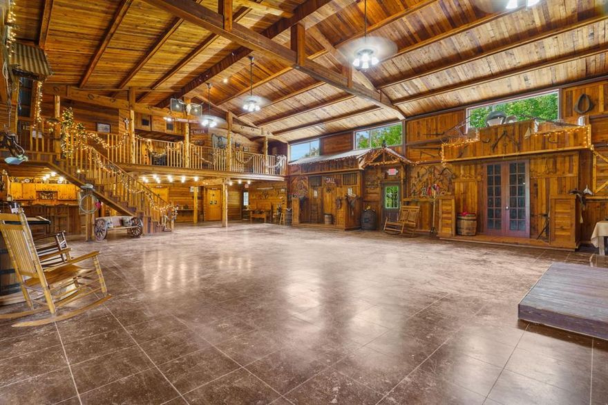The Longhorn Hill Ranch Venue is a true getaway and a perfect place to raise a family, enjoy the ranch life, or escape the city. This barndominium features vaulted beamed ceilings, 2 huge doors can open for an outdoor experience. Trimmed w cedar wood for unique designs & themes. The 2 front facades that says Jail on one and the other is a porch look will move over on rollers to provide an outdoor opening for a party to flow indoor and outdoors.   The structure provides a rustic western atmosphere. The upstairs has living accommodations and a balcony overlooking the Ball Room. 2 bedrooms, Full kitchen,3 baths, ( 1 full bath up and 2 down)   storage room. Less than 1 hour from downtown Dallas and DFW airport, this sprawling 63-acre Ranch offers large trees, a 32-acre lake ( owned by sellers and In soil and water conservation), a gazebo, lush pastures, This property is perfect for equine lovers. The Structure and gazebo are located near the lake to make a beautiful setting for weddings, cookouts, and pictures. Ideal location to live and work in a setting for family reunions, retreats, receptions, holiday parties, special birthdays, class reunions, bridal showers, church events, company picnics, & Christmas or New Year parties. Centrally located to many towns. Part of the property has ag exemption due to growing hay.   No Mobile or manufactured homes will be added in deed restrictions.  lake in a water and  soil conservation area but per owners and survey is owned by the sellers. Buyer to verify if there are rules for the lake with Collin County SWCD. Additional 4 bedroom,3  bath, 2 living. Log House with shop on 3.5ish acres may be purchased with a year leaseback.
