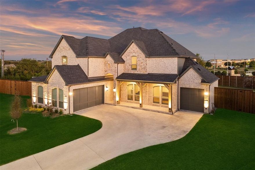 Stunning North-facing home situated on HALF AN ACRE.  One year of HOA dues paid! The home has been gently lived in for only 6 months! Nestled on a premium cul-de-sac lot this home offers space, luxury, and thoughtful design throughout. Home is part of the Harwood elite product line with First Texas Homes.  The open-concept floorplan is expansive and flexible, featuring the primary suite downstairs along with a second full bedroom and bath, perfect for multi-generational living or hosting guests. Built with attention to detail and quality craftsmanship, this home showcases rich tile flooring, elegant countertops, and plantation shutters that elevate every space. The chef’s kitchen features Shaker-style cabinets to the ceiling with glass uppers and lighting, upgraded granite and Maestro marble surfaces, and a layout designed for both functionality and beauty. Enjoy modern convenience with smart home features, including an Ecobee thermostat, MyQ WiFi garage system, programmable lighting, auto sprinkler, and a security alarm with full home sensors. The large upstairs media room is prewired for a home entertainment system, ready for movie nights or game days. French doors with internal blinds open to a wraparound patio with a triple slider, ideal for entertaining or relaxing outdoors. Plantation shutters throughout the home & garage add to the warmth and charm of the home. Additional highlights include CAT 6 wiring, a distant HDMI bundle, an auto fresh air filter, and a three-car garage. No MUD, No PID!  Great location with easy access and just minutes to Preston, 289 & that Dallas North Tollroad. Schedule your private showing today — this impressive property is a true gem you won’t want to miss! Mortgage savings may be available for buyers of this listing.