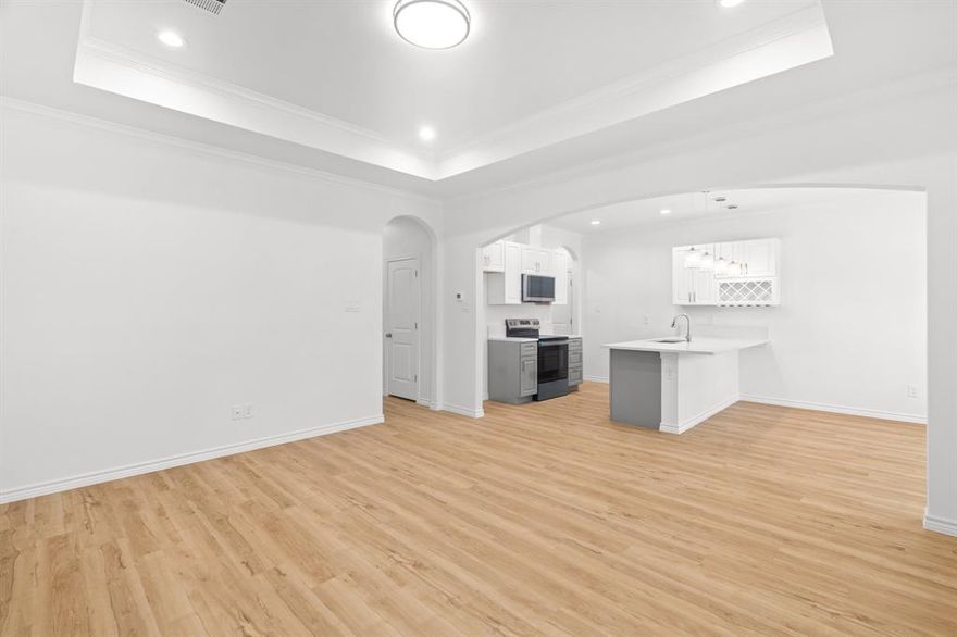 This brand-new construction offers thoughtful design and modern comfort with 3 SPACIOUS BEDROOMS, 2 FULL BATHS, and an OPEN FLOOR PLAN ideal for everyday living and entertaining. The heart of the home features a LARGE BRIGHT LIVING SPACE with Double Insert Ceiling and Beautiful Crown Molding that flows into a stylish ISLAND KITCHEN with Decorative Pendant Lighting, a Wine Rack and Spacious dining area. TONS OF NATURAL LIGHT throughout this New Home!!! Dreamy KITCHEN ISLAND with the Laundry Room located perfectly close to the garage*The OVERSIZED primary suite includes private access to the COVERED PATIO, a perfect spot for sipping your morning coffee or gathering around a firepit with guests. The private, FENCED BACKYARD offers plenty of room for pets, kids, or weekend cookouts. Additional features include Front facing 1-car garage and Exterior Lighting giving it that luxury look! Located within walking distance to Oak Lawn Community Park and offering EASY ACCESS TO HWY 287, this home blends convenience with comfort. Schedule your Showing Today & Submit your Offer!