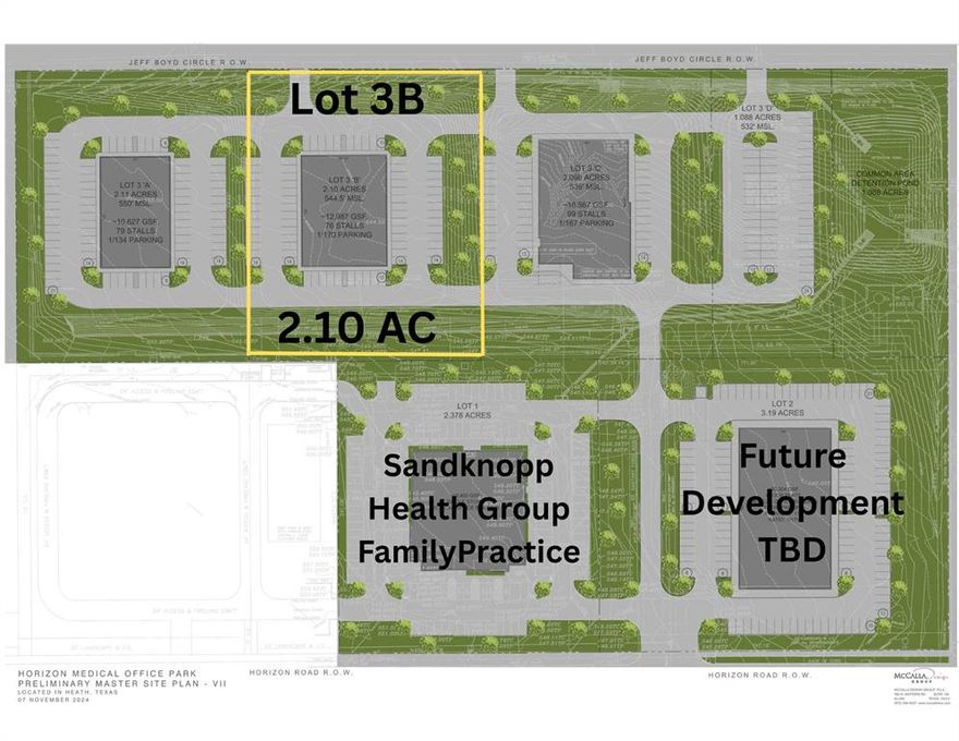 Prime location! (3) Three building sites (pad ready) located in the Heath's Horizon Business & Medical area already zoned commercial with all utilities on site. Located at Horizon & FM 549 (Buffalo Way) one of the main thoroughfares between Heath & Rockwall & just 2 miles from the Texas Health Hospital  which offers a close and convenient proxomity to most other medical services & specialties.  Nearby is Baylor Medical Plaza & these three sites are directly ajacent to the nearly complete 18,000SF Dr. Sandknop's Family Medical Practice, A Cardiology Group & a medical labratory as well. Zoning allows for office and retail as well. The availability of land that is aleady zoned and ready to go in the Rockwall & Heath area is virtually non existant. Survey's available.