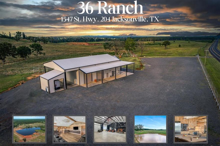 Welcome to the stunning 36 Ranch! This 246+-AC high-fence ranch is a meticulously designed & maintained turn-key property. The multipurpose barndominium is fully equipped for business, living, recreational, or commercial hunts. It includes an office and bath at the front, a 60x53 insulated workshop with 4 bay doors, compressed air, ample power, and a 3256 sqft home with private access overlooking rolling terrain, stocked 30AC lake at capacity, 2 ponds, and abundant wildlife. The home boasts wood finishes, vaulted ceilings, antler details, granite countertops, and high-quality custom finishes. Downstairs entertainment space includes a living area, kitchenette, and bunk room sleeping 11. The main living level offers spacious open-concept, primary suite, guest suite, and covered balcony offer spectacular views. Additional features include approx 2.37AC crushed asphalt & 85AC timber, Bahia pastures, 6 breeding pens, 660KW generator, diesel tank, storm shelter, approx 4421ft frontage& more!