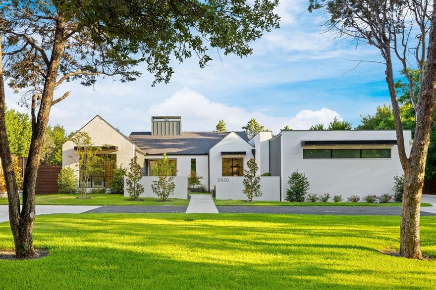 Rare one-story by JH Design + Build offers contemporary design on over a half-acre in Farmers Branch, near the heart of Dallas. A private courtyard, mature landscaping, and clean-lined interiors set the tone. The open kitchen features Sub-Zero Wolf appliances, two dishwashers, Belmont cabinetry, and a bar with dual wine fridges. An oversized utility room doubles as a catering kitchen with ice maker and space for a second fridge. Enjoy year-round outdoor living with a covered patio, fireplace, outdoor kitchen, heaters, pool, spa, and plentiful lawn. The primary suite is complete with a fireplace, pool views, stunning ensuite bath with ample natural light, and a washer dryer hookup in the large custom closet. The second primary suite offers plenty of room for guests. Three additional bedrooms are spacious and include en suite baths. The second living area is flexible for a game, media, or gym space and includes a wet bar. Generous study features built ins and beautiful courtyard views. A four-car garage with electric vehicle charging and a circle drive complete this exceptional property in a very special community. Convenient to Hwy 635, Hwy 35 and the Tollway, the location offers an ease of commute to private schools, downtown Dallas, DFW Intl Airport, and Love Field. It's also close to Brookhaven CC, Miradoe Golf Club, and excellent city services like the Farmers Branch Community Center.