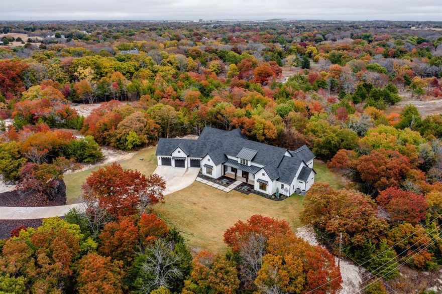 COMPLETED DECEMBER 2023. You will not believe you are in the Dallas area when you see this lot.  Very hilly, treed, secluded and private.  No HOA or City Taxes.  McKinney ETJ but not in the city limits. Melissa Schools close by. Fantastic one-story plan, with owner's suite private to other bedrooms. Tall ceilings throughout, with large bedrooms and bathrooms. Covered outdoor living area is usable 100% of the time as it has its own air-conditioning and heating system. Leave the (3) 15' wide doors open during great weather or keep them closed when it's not. No carpet in this house. Wood nail down flooring with large, oversized tiles adorn this house. Two story ceilings run the entire width of the kitchen, dining, and family room, with numerous chandeliers and decorative beam. Pass through window from the kitchen to indoor patio area. This house is what you have been looking for!