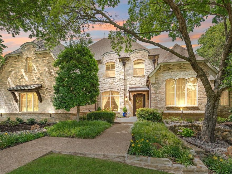 Rare chance to own in exclusive Brentwood, the curb appeal of this custom French Country inspired home is exceptional. Quiet cul de sac, mature trees, private 0.886 lot, this home is a standout. Backyard is magazine worthy oasis. Saltwater pool, spa, side yard, custom outdoor kitchen, plus living area with fireplace. Magnificent entry showcases views, flows to formal living and dining.  French influence carries in to spectacular kitchen.  Exquisite wood cabinetry, thick 3cm granite, commercial grade Viking appliances. Opens to breakfast area, counter seating for 6, cozy hearth room is entertainers' dream. Spacious owners' suite and sitting area are unforgettable. Located on main floor along with guest suite. All 5 BR have private BA and custom closet system. Regal office, built-ins, garden view.  Game and media rooms, bar upstairs. Recirculating hot water system. A 4-car garage. Located in the heart of Southlake, minutes to Town Square, lake, Carillon Parc, premier Southlake ISD.