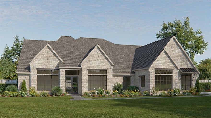Featured on a one-acre homesite. This floor plan opens at the front porch into a 14-foot-ceiling entry embraced by a private home office and a nearby media room, creating a strong first impression of flexible living. The floor plan continues into the heart of the home where the kitchen with center island, walk-in pantry, and prep kitchen connects seamlessly to the dining area. The family room offers a fireplace and multiple sliding glass doors overlooking the extended backyard covered patio. The primary suite at the rear offers a spacious bedroom, dual walk in closets, linen storage, glass enclosed shower and a freestanding tub. Four secondary bedrooms are thoughtfully placed throughout the home, supported by four full bathrooms and one-half bath, making this home plan ideal for everyday comfort. This floor plan includes a three-car garage.
