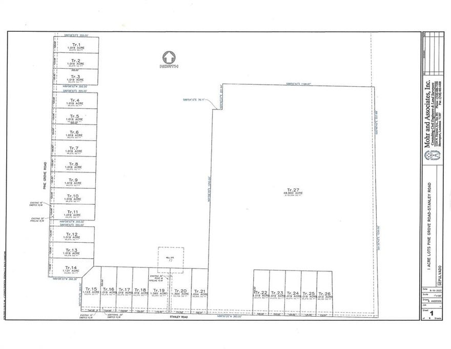 Lot 2 of 21 one acre lots: Lots 1 -14 on Pine Grove Rd. and Lots 20 -26 on Stanley Rd.
 
RESTRICTIONS: Each track will have only one single dwelling residence with a minimum of 1800 heated square feet. Each dwelling must be a new site -built home. NO trailers, Modula homes, mobile homes. RVs or metal buildings used as a residence, The developer must approve ALL house planes, detached buildings and driveways.  NO tract may be subdivided in any way.  There will be SWEPCO overhead utilities and North DeSoto Water provided for each tract. There is a 30-foot utility and gas pipeline easement on each lot along Pine Grove Rd. There is a 30-foot utility easement along Stanley Rd. These restrictions will lay with the land and will be attached to the deed at the time of sale.