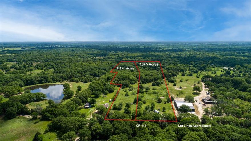 Escape the hustle and bustle and enjoy peaceful country living on this beautiful 10.03 acre tract in Kaufman County. Located just 15 minutes from the fast-growing city of Kaufman, this property offers the perfect mix of seclusion and convenience. The front portion of the property is open, level, and build-ready. Perfect for your dream home, barndominium, or weekend getaway. Water and electricity are already installed, saving you time and expense during the development process. Toward the back of the property, you’ll find a dense, mature hardwood forest that provides privacy, shade, and natural beauty year-round. The wooded area leads to a shared pond that attracts abundant wildlife, including frequent visits from local deer. Making it ideal for nature lovers or those seeking a peaceful rural retreat.
This property offers a rare opportunity to own a slice of rural Texas with all the essentials in place. Build your vision, enjoy the outdoors, and still be just minutes from town. Additional 8.47 acres available MLS#21065198