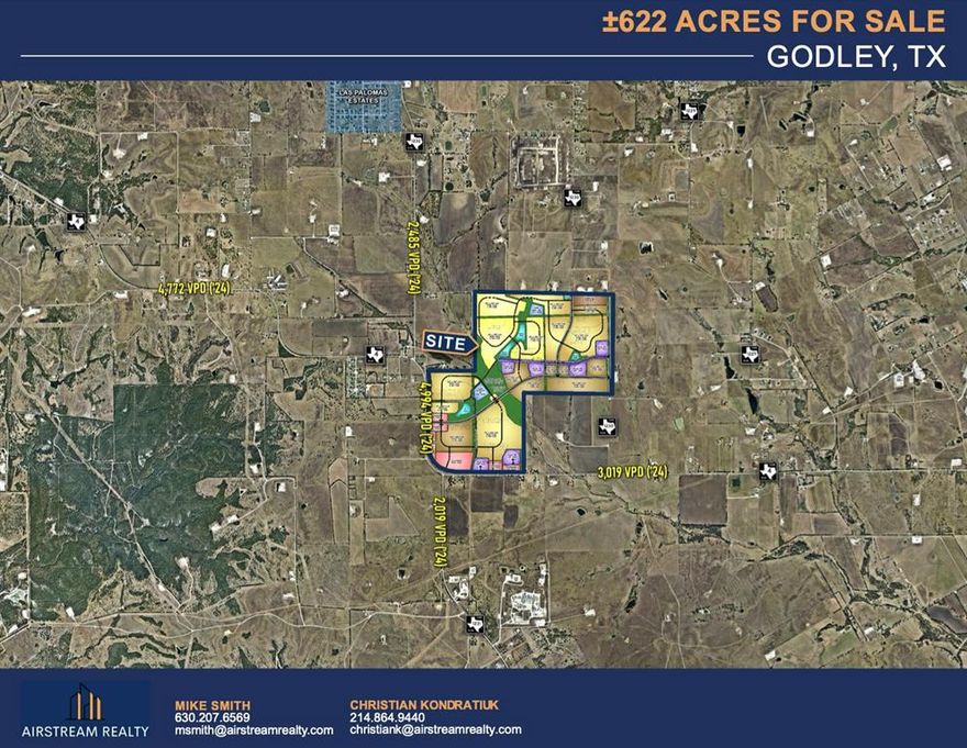±622.11 ac Godley, TX
-Size: 622.11 acres
-Zoning: PD – Master Planned Community 
-Price: $45,000 Per AC 
-Utilities: MUD and Discharge Permit Approved 
-Westfork Bend is planned as a large-scale, mixed-use community with approximately 1,830 single-family homesites across a variety of lot sizes, 201 multifamily units, and a well-balanced mix of commercial, open space, and amenity areas. The intent is to create a community that grows naturally with the area, not one that feels overbuilt or forced.
-The project includes roughly 42 acres of commercial land along Highway 4 and FM 2331, giving it strong visibility and easy access. These sites are well suited for everyday uses like grocery, gas, restaurants, and neighborhood services—bringing daily convenience to residents while still preserving the area’s rural feel.
-The property is located in Godley ISD, which has a solid reputation in the market and is generally preferred over nearby Cleburne ISD. Most existing and active residential developments in the district today feature larger lots, with home prices typically starting in the mid-$300,000s and up, setting a clear expectation for the quality of product in the area.
-Godley has grown quickly, with population up approximately 186% since 2020. That growth is already translating into increased housing demand, new planned communities nearby, and long-term support for both residential and neighborhood-serving commercial uses.-Population for Godley has risen 186% since 2020. 
-Site is located 35 Minutes from Fort Worth and 55 Minutes from Dallas. 
Concept Plan Summary:
 • 630 lots at 40’ x 120’
 • 850 lots at 50’ x 120’
 • 350 lots at 60’ x 120’
 • ±11.21 acres designated for multifamily use
 • ±97 acres of open space and amenity areas
 • ±42 acres of commercial land
 • ±622 gross acres total