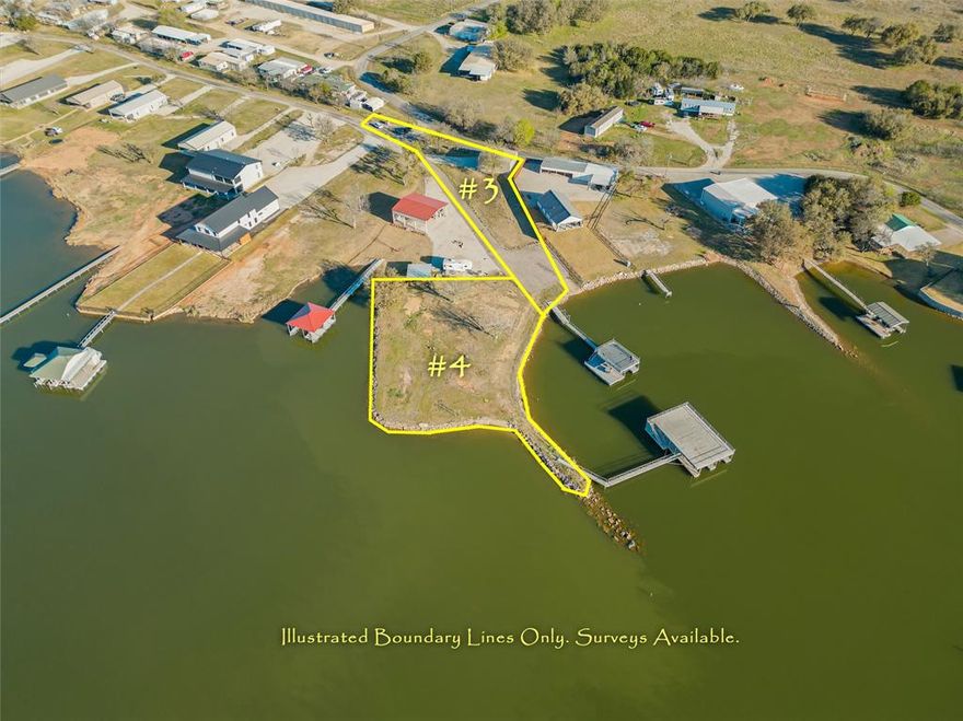 180-DEGREE VIEW ON TWO IMPROVED LAKEFRONT LOTS AND TWO BIG DOCKS. Truely amazing 576 FEET OF PANORAMIC SHORELINE. Southern exposure, East exposure and West exposure! Vast open lake views across from pristine natural shorelines of the Possum Kingdom Lake State Park! On this very spot was the actual site of the first commercial business on PK Lake known as Baileys Camp... this was the literally the first-choice location for many good reasons! Offering panoramic oversized level lakefront point with natural pebble beach and endless sunrises and sunsets over vast open lake. East shoreline is on a manmade cove, the original site of the marina, protected by rock wave break, dredged lake bottom, adjacent to community boat launch ramp. ALREADY IMPROVED AND READY TO BUILD! Improvements include two water meters, drinkable water, underground electric and NEW SEPTIC SYSTEM. Both lots have large boat docks with huge upper party decks. The second lake lot has two complete RV hook ups, abundant parking and a new metal barn with two stall storage and two tall doors for larger boats or RV buses. Note: the septic field for the large point lot #4 is located on the additional lake lot #3 with the boat barn and RV hook ups, making most of the point lot buildable with only the 25-foot lake setback, 10-foot setback on north side to community road easement. The new septic field can be increased to accommodate a larger than expected residence. Excellent, excellent, excellent lakefront building site!! This nice area of Possum Kingdom is close to popular lakefront restaurants and is midway upstream to Brazos River and midway downstream to dam. Hurry this is a preconstruction offer as new spec house is currently being designed. 15 min drive to Super Wal Mart in charming Texas town of Graham, TX. Owner Agent