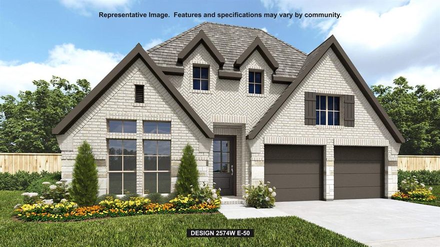 Home office with French doors set at entry with 12-foot ceiling. Coffered extended entry leads to open family room, kitchen and dining area. Family room features wall of windows. Kitchen features corner walk-in pantry and generous island with built-in seating space. Primary bedroom highlights 12-foot ceiling and wall of windows. Double doors lead to primary bath with dual vanities, garden tub and separate glass-enclosed shower with separate walk-in closets. A guest suite with private bath adds to this one-story design. Covered backyard patio. Mud room off two-car garage.