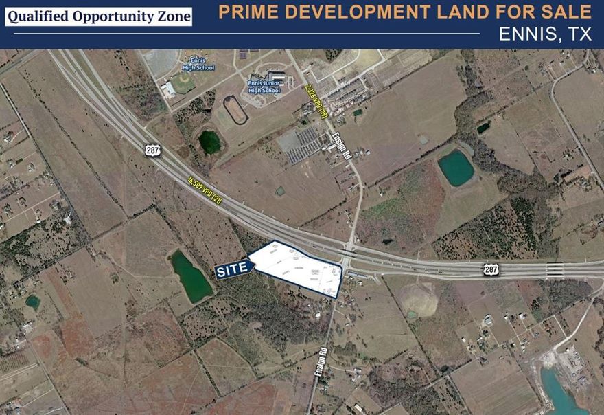 SWQ Ensign Rd. and US HWY 287, Ennis, TX Ennis 20±ac:

-Size: 19.864 acres

-Zoning: Regional Mixed Use - Qualified Opportunity Zone (The city is open to a variety of different uses here)

-Utilities: All Available

-Lennar Homes developing 500-ac (1065 homes) in proximity off Ensign Rd., just to the South of this tract. Site plan has been approved, two phases have been platted and they are currently installing infrastructure (Nearly completed) and cutting in streets.  The plan is to be going vertical with homes this summer.  Lots range from 5,000 - 14,000 sf.

-Two cash flowing rental homes on the property

Please reach out for all information & marketing materials!
