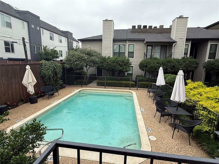 NEW IMPROVED PRICE, similar unit sold for $150,000 a year ago. Come see this rare find south of Greenville Ave. Well maintained, quiet and gated community with pristine community pool, across from Munger Park, walkable to several restaurants and shops. Unit is located on the first floor, nice, covered patio with pool view. Unit has been remodeled, has real wood fireplace in the living room, walk-in closet in the bedroom. Gated community. Unit come with assigned parking space in the back. Also available for lease at $1300 a month. See other lease listing for more information.