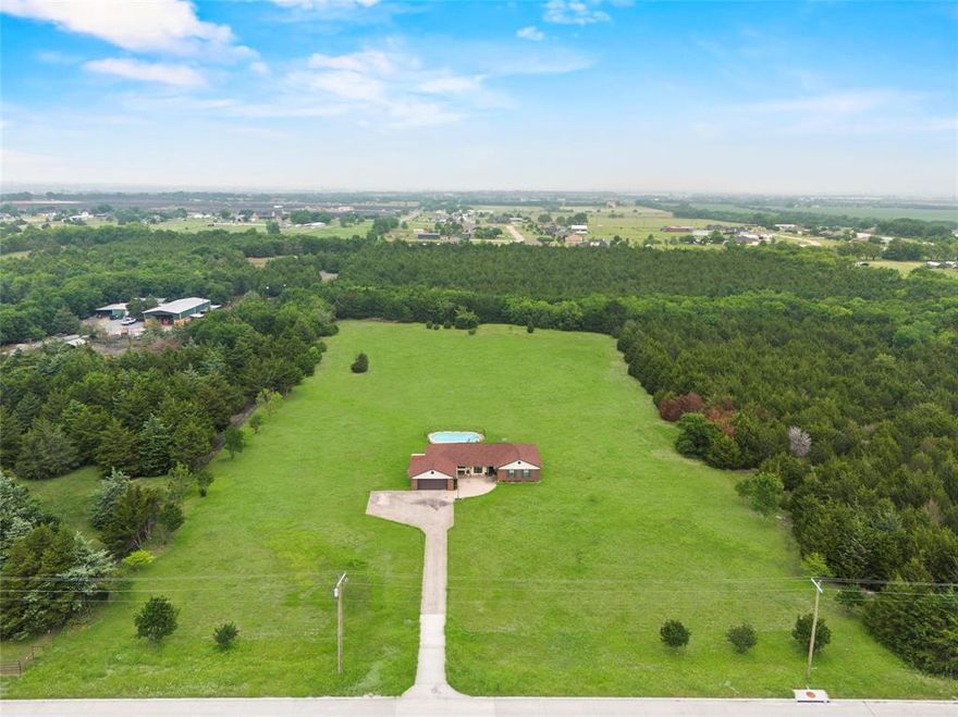 Longing for country life with the convenience of city living & no HOA? Look no more. This rare find is what you have been searching for.  Stunning one story ranch style home sits on 10 lovely tree lined acres & includes sparkling pool & 3 car garage. You will love the peace of country living with its privacy & space from your neighbors! Covered porch welcomes your arrival. Three spacious living areas will provide loads of options for your family's life style such as game room, home office, playroom or formal dining area. Lovely master bedroom can accommodate large furniture pieces & opens onto private full bath. Two auxiliary bedrooms include roomy closets. Kitchen features tons of cabinetry and countertop space & includes built in dishwasher & range. Breakfast dining area overlooks kitchen. Covered patio overlooks sparkling pool & awaits your summer entertaining! Roomy utility room includes built in cabinets. Many more must see amenities. Don't wait! Horses & cattle welcomed too!