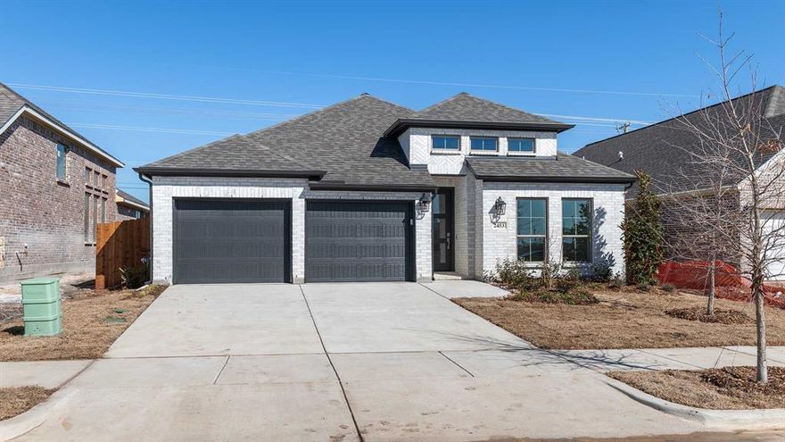 Extended entry with 12-foot ceiling leads to open kitchen, dining area and family room with 10-foot ceilings throughout. Kitchen features center island and walk-in pantry. Dining area and family room feature walls of windows and a wood mantel fireplace. Primary suite includes bedroom with 10-foot ceiling and wall of windows. Double doors lead to primary bath with dual vanities, garden tub, separate glass-enclosed shower and walk-in closet. A guest suite with private bath adds to this spacious one-story home. Covered backyard patio. Two-car garage.