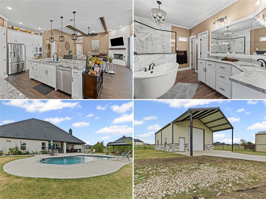 Discover the perfect blend of comfort, style, and outdoor living in this beautifully designed home located in one of the area’s gated communities. A sparkling in-ground pool, 30x40 workshop, and expansive covered patio set the stage for exceptional Texas living. Inside, the open concept layout features a spacious kitchen with granite countertops, stainless steel appliances, and abundant counter and cabinet space ideal for both everyday cooking and hosting. The inviting living area centers around a cozy wood burning fireplace, creating a warm and welcoming atmosphere. Just off the kitchen, you’ll find a large utility room, a convenient half bath, and the private primary suite. The spa like primary bathroom offers a garden tub, separate walk-in shower, dual sinks, and a generous walk-in closet. A thoughtful split bedroom design provides privacy for family or guests, while a dedicated office adds flexibility for work or study. Step outside to your own backyard retreat featuring a huge, covered patio, gazebo, sparkling pool, and a versatile workshop perfect for hobbies, projects, or extra storage.

This exceptional property seamlessly combines elegant indoor living with impressive outdoor amenities—everything you need to enjoy the best of Texas living.