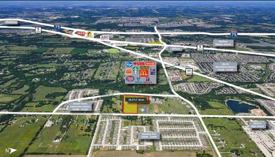 Vanguard Real Estate Advisors (“VREA”) is pleased to present qualified investors and developers the opportunity to acquire approximately 18.268+- acres located along Milrany Lane, in the rapidly growing city of Melissa, Texas. Approximately 6+- acres is zoned SF-3, which permits single-family development with minimum lot width of 60’. The remaining 12.27+- acres is zoned Agricultural.
The Site is located less than a mile southeast from State Highway-121, providing rapid access to McKinney and the greater North Texas area. Exponential growth and ongoing development in Melissa makes this Site highly desirable. The Site is well suited for a variety of potential uses through a potential rezone; such as mixed-use, multifamily, build-to-rent, commercial, and high density single family development. At an asking price of only $7.25 per square foot ($5,769,217 total) the Site represents a unique opportunity to purchase an exceptionally located property in one of DFW’s fastest growing areas.