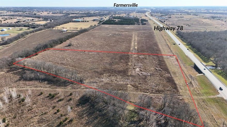 Prime 12.8-acre tract located directly off State Highway 78 in Farmersville, offering approximately 800 feet of highway frontage—an excellent opportunity for investors, developers, or land holders seeking future commercial potential. Farmersville is a growing small-town community positioned on the expanding edge of the DFW metroplex, approximately one hour from Dallas-Fort Worth International Airport. As development continues to move east, this area presents strong long-term upside. The property is located within a flood plain and is best suited for commercial uses compatible with flood plain requirements, outdoor storage, agricultural use, or strategic land holding for future development. High visibility, easy highway access, and substantial road frontage make this a standout opportunity along a major thoroughfare.
Ideal for investors looking to secure acreage in the path of growth. Buyer to verify zoning, flood plain regulations, and intended use.