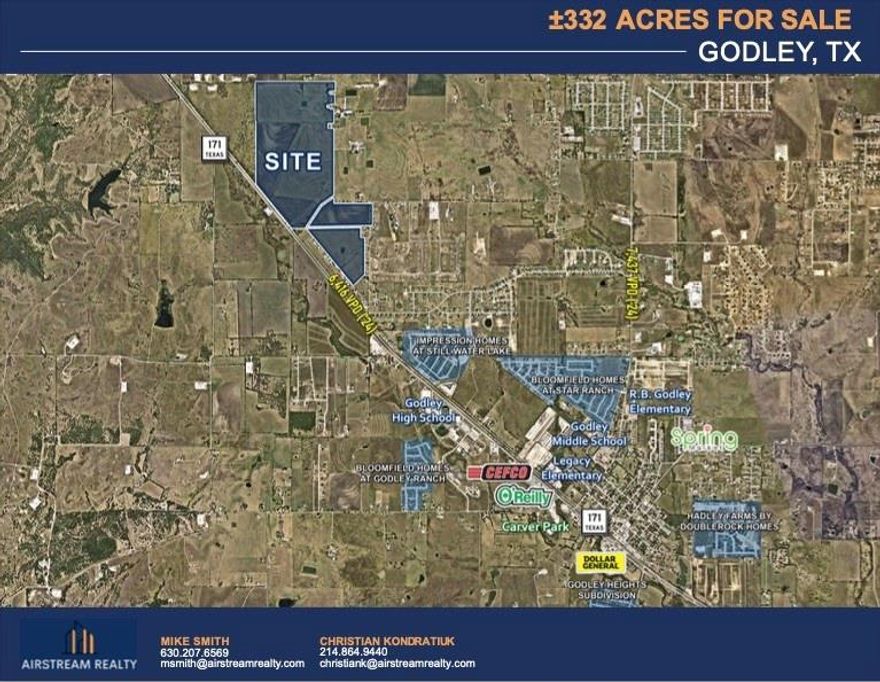 ±332 AC Godley, TX
-Size: 332.53 Acres
-Parcel ID’s : 126-0440-00200, 126-0440-00250, 126-0116-00201, 126-0440-00201
-Zoning: Outside of Godley, TX ETJ – AG Exempt
-Godley Sits in the path of southward residential expansion from Burleson-Crowley and Eastern growth from Cleburne.
-Efficient Access to Highway 171
-The property is located in Godley ISD, which has a solid reputation in the market and is generally preferred over nearby Cleburne ISD. Most existing and active residential developments in the district today feature larger lots, with home prices typically starting in the mid-$300,000s and up, setting a clear expectation for the quality of product in the area.
-Godley has grown quickly, with population up approximately 186% since 2020. That growth is already translating into increased housing demand, new planned communities nearby, and long-term support for both residential and neighborhood-serving commercial uses. 
-Site is located 35 Minutes from Fort Worth and 55 Minutes from Dallas.