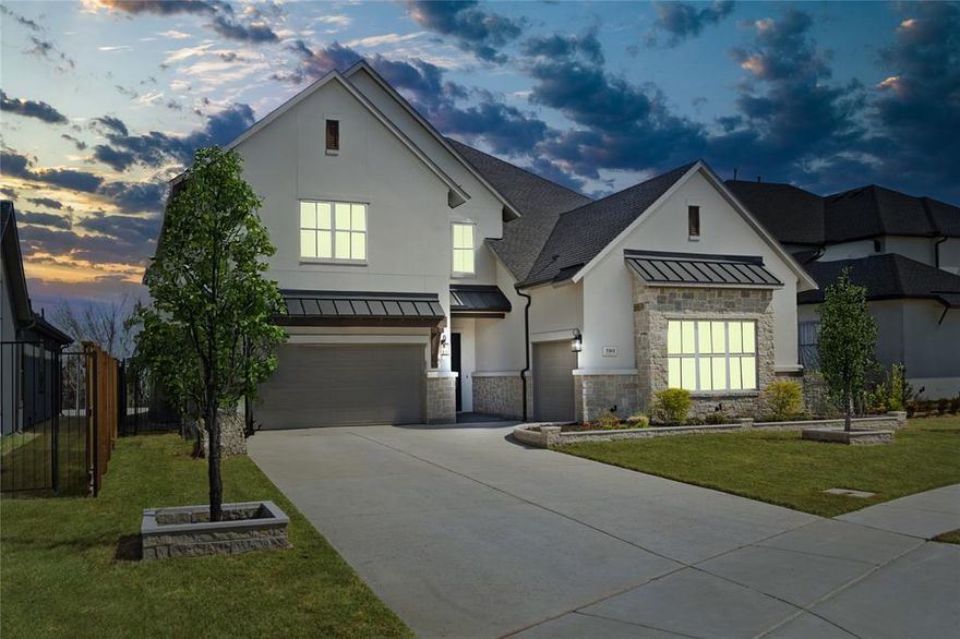 1.5 mi to The Shops at Highland Village • Greenbelt views • Covered patio • Flower Mound schools • Gated Copper Canyon community.  Completed in 2024, this like-new 5-bed, 5.5-bath Toll Brothers home in Copper Canyon blends modern elegance with everyday comfort. Set within a gated community near Flower Mound & served by Flower Mound schools, the home offers greenbelt views with no rear neighbors & easy access to shopping, dining, trails, & major commuter routes. Located approx. 1.5 mi to The Shops at Highland Village & the FM 407 retail & dining corridor, 2 mi to Double Oak Town Park, & within reach of DFW International Airport. The open-concept layout is filled with natural light from soaring ceilings & expansive windows, while rich wood floors extend throughout the 1st floor. The living room is anchored by a fireplace & opens through a wall of glass doors to the covered patio, creating effortless indoor-outdoor flow. The kitchen is designed for both daily living & entertaining, featuring quartz countertops, an oversized island with farmhouse sink, KitchenAid appliances, 5-burner gas cooktop, vented range hood, & walk-in pantry. The main level includes a private primary suite with ensuite bath, a guest suite with its own bath & walk-in closet, a dedicated office, & a media room. The primary bath offers a soaking tub, separate shower, dual vanities, & a large walk-in closet. Upstairs provides a spacious game room + 3 additional bedrooms, each with its own ensuite bath, offering flexible space for work, study, or recreation. Outside, the covered patio overlooks the greenbelt—enjoy peaceful morning sunrises from your private backyard retreat.  Additional features include a water softener, water filtration at the kitchen sink, mud area, laundry room with space for a refrigerator, extensive storage, & 2+1-car garages. This home combines thoughtful design, modern finishes, & a serene location—perfectly positioned for both everyday living & entertaining friends and family.