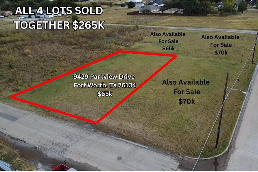 Investor-Developer Opportunity in Crowley, TX! Located at 9433 Parkview Drive, this prime lot is being sold together with 3 adjoining lots for a total package price of $265,000. Offering ample space and frontage, this combined property is ideal for residential development, a builder's project, or a long-term investment. Buyer to verify zoning and usage. Situated in a growing area with easy access to major roads and local amenities, the possibilities are wide open. Don’t miss your chance to secure four contiguous lots