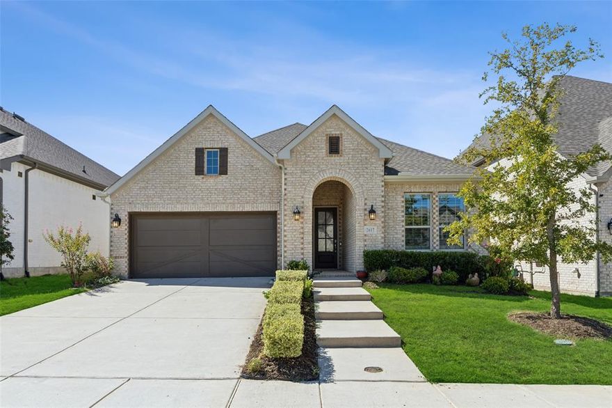 North facing one-story in Prosper ISD. This home's brilliant layout packs a lot of features into 2,264sf. You're going to love the three spacious split bedrooms plus study design with an open living-dining-kitchen concept. The chef's kitchen features a large island with seating, gas cooktop, a French-door oven, extra deep sink, under cabinet lighting, and a pantry. The primary suite offers plenty of windows and a spa-like bath with large shower and walk-in closet. Home highlights include: high ceilings, beautiful LVP flooring, plantation shutters, tankless water heater, 3-car garage with epoxy floor. Outdoors you're sure to enjoy the large backyard and covered patio. Located in Saddleridge of Mustang Lakes, a community rich with amenities that include resort-style pools, workout facility, sports courts, playgrounds, lakes & trails, plus an on-site Elementary School. HOA provides front yard maintenance. Attends highly sought-after Walnut Grove High School.