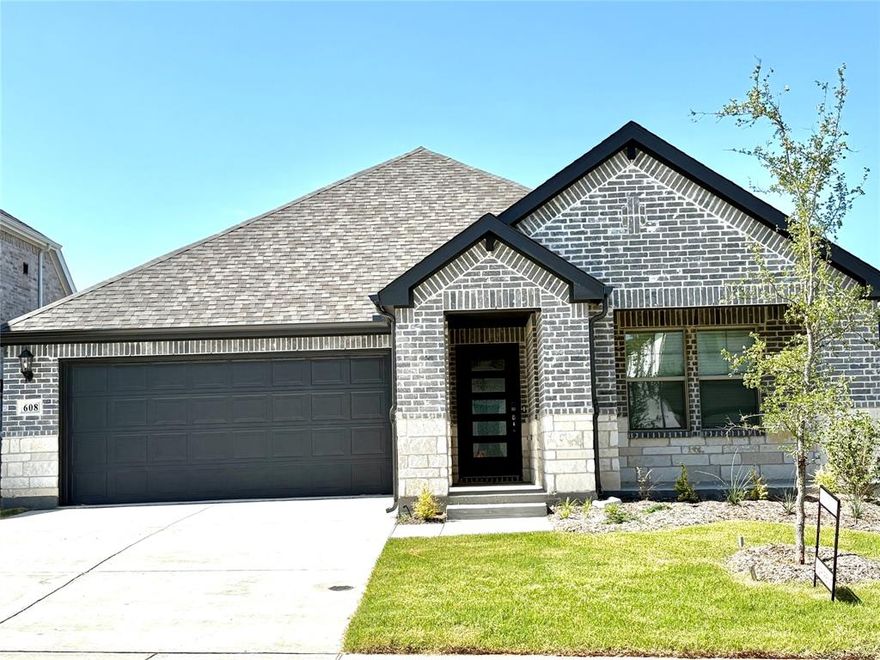 This exquisite residence is a serene retreat. Enjoy the charm of a stunning greenbelt view at your own backyard. A 2025 Brand new Energy efficient one-story home, 3 bedrooms, 2 bath with additional room as office or 2nd living room, total 1833 Sqft, never occupied. Interior lot, Cul-De-Sac quiet street. Imagine yourself in a lawn chair w front porch view to community greenbelt park. This delightful home features open-concept floor plan, kitchen, dining and family den all have full view of tranquil backyard greenbelt view, plus upgraded luxury vinyl plank flooring in the main areas, warm beige carpet in bedrooms. Backyard features iron fence, large size covered porch with endless tranquil community greenbelt view. No neighbor fence to block your view. The master suite, tucked away in a quiet back corner, has the tranquil greenbelt view too, ceiling fan, duo sink, walk in closet. Primary bedroom is split from the other two bedroom. Enjoy a kitchen, complete with light gray quartz countertops, white wood cabinetry, gas cooktop range, microwave, an eat-in island, and walk in spacious pantry, equipped washer and dryer in the laundry room. Take a leisurely stroll to the nearby community amenities, including a playground, greenbelt, and a serene private lake. In addition, you can access to a range of amenities, including a resort-style swimming pool, basketball court, playground, and walking trails, ponds (access must meet HOA guidelines). Convivence located within McKinney ISD - the community is minutes away from US-380 and Central 75 connecting Frisco, Plano, Princeton, Richardson, McKinney. This home ready for you to move-in!
Please note: 1 pet allowed w size, weight and breed restrictions, $600 refundable pet deposit.