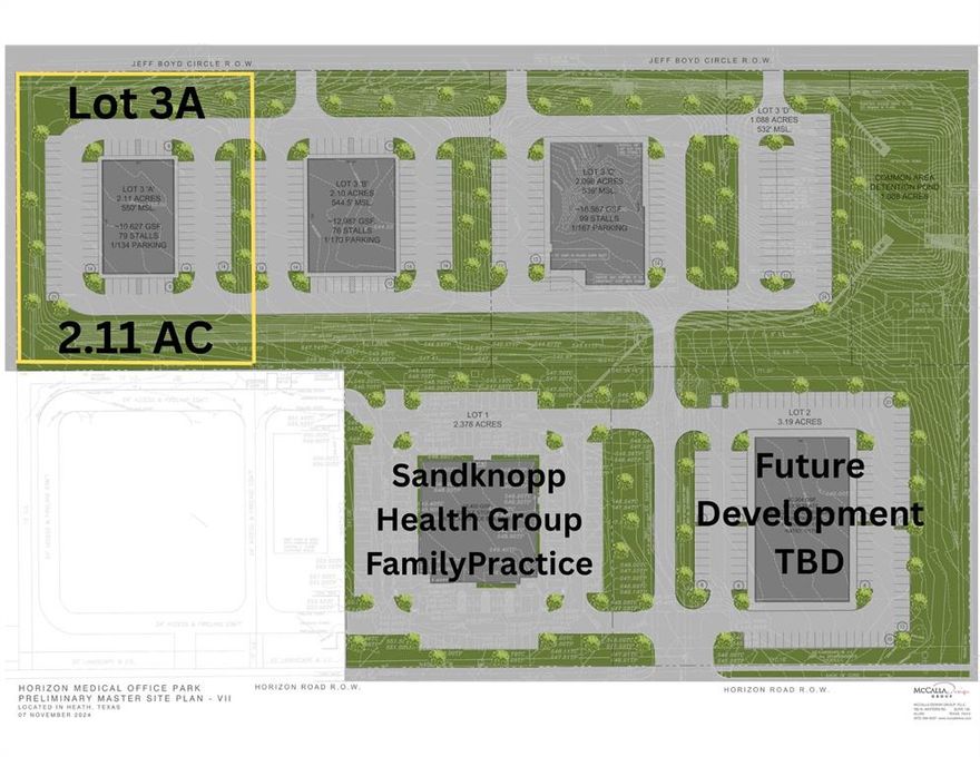 Prime location! (3) Three building sites (pad ready) located in the Heath's Horizon Business & Medical area already zoned commercial with all utilities on site. Located at Horizon & FM 549 (Buffalo Way) one of the main thoroughfares between Heath & Rockwall & just 2 miles from the Texas Health Hospital  which offers a close and convenient proxomity to most other medical services & specialties.  Nearby is Baylor Medical Plaza & these three sites are directly ajacent to the nearly complete 18,000SF Dr. Sandknop's Family Medical Practice, A Cardiology Group & a medical labratory as well. Zoning allows for office and retail as well. The availability of land that is aleady zoned and ready to go in the Rockwall & Heath area is virtually non existant. Survey's available.