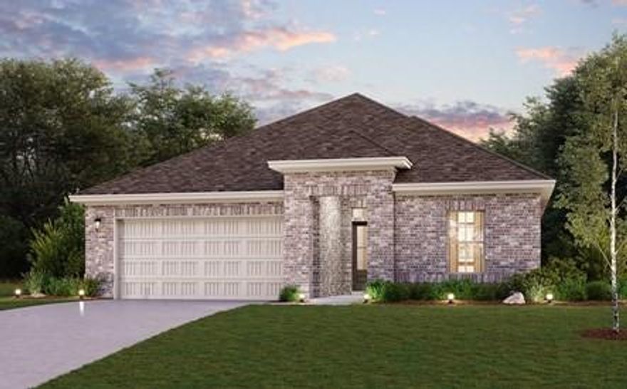 The Emily plan features a charming front porch entry that ushers you in to an inviting foyer. Just off the foyer, you'll find two spacious secondary bedrooms with shared access to a full hall bath. Toward the back of the home, a large kitchen—boasting a corner pantry and center island—overlooks a great room and dining area with patio access, perfect for entertaining. Offering ample space and comfort, a generous owner's suite includes a large walk-in shower and roomy walk-in closet. Photos are representative. $12,000 credit when using seller's preferred lender.