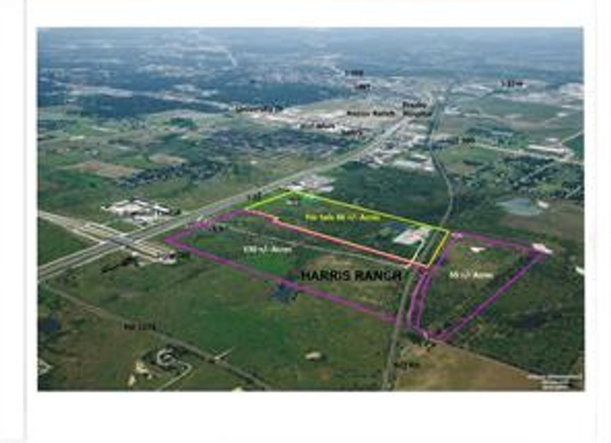 HARRIS RANCH – South Tract For Sale – 84 +- ac net.   The property is generally rectangular, running east to west.  The eastern portion has excellent visibility from I-35. The remainder is sloping to the west.   Utilities: W, SS, G, E, are at the southeast corner.  The western portion will require offsite sewer.  I-35 is scheduled to be widened to 6 lanes with new flyovers at the Loop 288 intersection.  Additional ROW, appx 3.2 ac, will be acquired along the approximate .25 mile frontage.  Zoning by City:  Highway Corridor & proposed General Office.  Probable use: Highway oriented retail & commercial, high tech office, office warehouse, & low to medium impact manufacturing, etc. Information packet available.