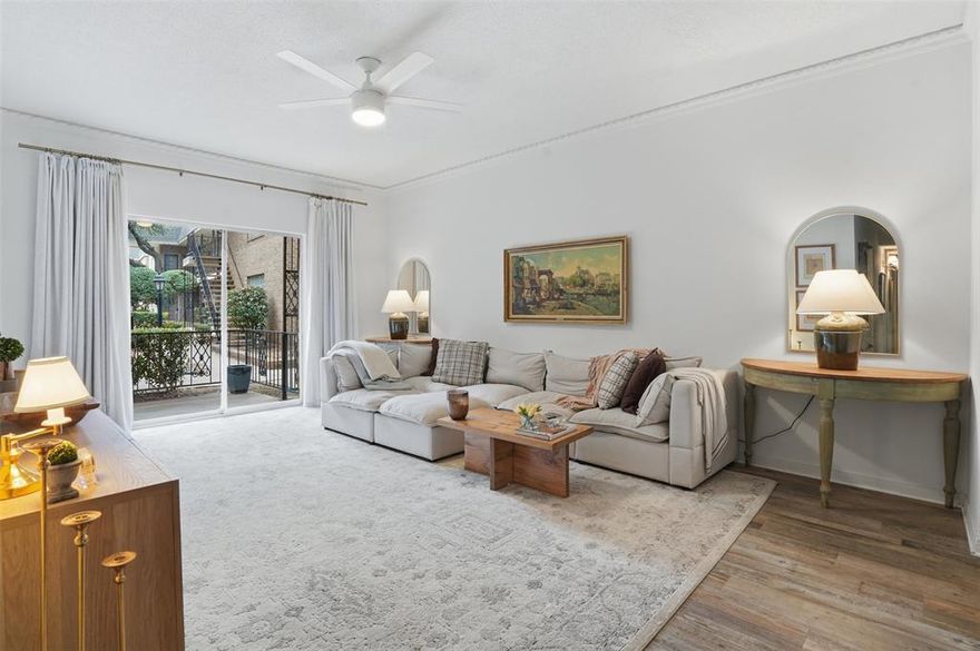 Set within the Royale Orleans North community near TCU, this beautifully renovated first-floor residence offers low-maintenance living with an HOA that includes electricity, water, trash, and HVAC service. Inside Unit 116, updated flooring and a soft, airy palette create an inviting and cohesive interior.  The generous living area opens to a private patio overlooking the landscaped interior courtyard, drawing in natural light and providing a serene extension of the home. The polished galley kitchen showcases sleek marble backsplash, quartz countertops, crisp white cabinetry, and timeless brass hardware. An electric range, stainless refrigerator, and dishwasher complete the space, while the adjacent dedicated dining room offers an ideal setting for gathering over a meal. The primary bedroom features a walk-in closet and en-suite bath, with a Jack-and-Jill connection. Outside, a sparkling community pool offers relief from the Texas heat, while shops, restaurants, local parks, and trails are just a short walk away. Schedule a private showing to view this home in an established community with an exceptional location.