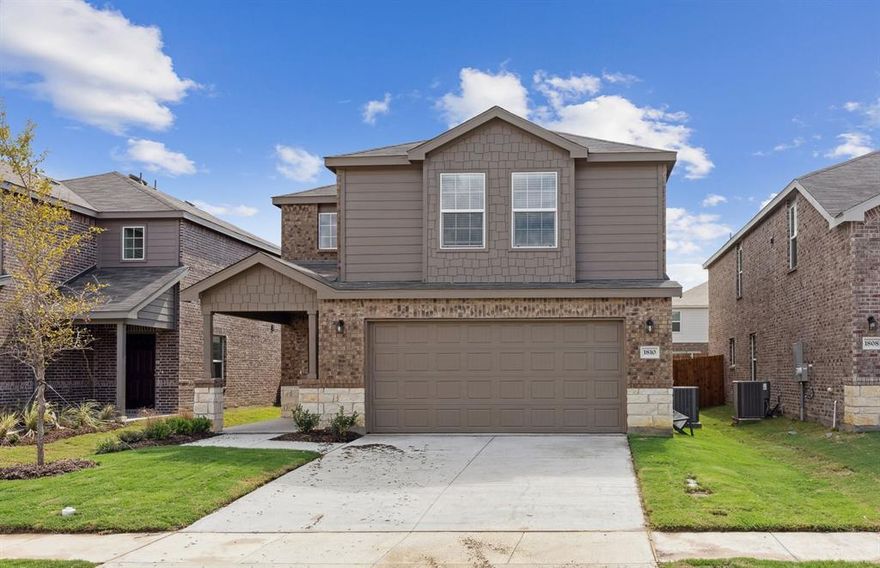 NEW CONSTRUCTION: Travis Ranch by Centex in Forney. Two-story Springfield plan - Elevation Y. Available NOW for move-in. 4BR, 2.5BA + White cabinetry + Quartz countertops + LVP flooring + Double vanity in owner's bath + Faux blinds included + Stainless steel appliances - 1,824 sq. ft. Spacious home with three secondary bedrooms and a large gathering room.