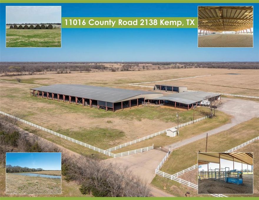 Welcome to 7X Ranch, a stunning 210+ acre property in the heart of Henderson County, Texas. This expansive land features beautiful rolling terrain, offering a perfect blend of natural beauty &  versatile functionality.  The property provides for ample round bale hay production. 

Equestrian enthusiasts will appreciate the impressive 175' x 340' lighted covered sand arena, equipped with a Priefert Roping Air Chute, Roping Boxes, Alley, working pens & large pond. There's also a spacious 8,000 SF covered concrete corral, RV hookup, ideal for various livestock activities & ample room for parking and turning around equipment. 

For your equipment and storage needs, a 4,670' SF metal concrete floor building with 2 overhangs of 2,400' SF and 3,030' SF that provides ample space, while a cozy 580' SF apartment-1 bedroom and 1 bathroom offers a comfortable living area. The property is serviced by West Cedar Creek MUD (with a non-operational well & pump house) and is predominantly open pastureland with level to gently rolling topography—perfect for horseback riding, cattle grazing, or other agricultural uses.

The 5,000' SF equipment shed ensures plenty of room for machinery, hay, and other supplies. The land has been consistently used for hay production, offering an additional income stream and a reliable food source for livestock.

For those who enjoy golf, Kings Creek Golf Club and Pinnacle Golf Club are just a few miles away. With convenient access to both Dallas-Fort Worth International Airport & Tyler Pounds Regional Airport, the property is perfectly situated for both rural tranquility and city access.

Whether you're looking to build your dream home, develop a commercial venture, create an RV park, or explore other possibilities, 7X Ranch offers endless opportunities.   

Additional adjacent 114 acres, 3 ponds and ample amount of county road frontage is available for purchase.

Come explore all that 7X Ranch has to offer!