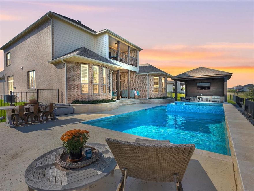 Step into luxury living in this stunning 2-story home located in the sought-after Bridges of Preston Crossing Golf Community! This beautifully designed property offers 4 spacious bedrooms, 3.5 bathrooms, and a 3-car tandem garage. With a dedicated study, game room, media room, and two covered patios that offer continuous shade, this home is perfect for both entertaining and everyday living. The expansive living area features a striking stone fireplace and elegant coffered ceilings, seamlessly flowing into a gourmet kitchen with white cabinetry, granite countertops, a large island, and a generous walk-in pantry. Manufactured hardwood floors add warmth and style throughout the main living areas. The oversized primary suite is a private retreat with serene views of the backyard oasis. A resort-style pool with water features, an oversized hot tub, and a walk-out deck that connects to an impressive outdoor living area. Additional highlights include a spacious laundry room with built-in sink, abundant storage, a versatile upstairs dry bar or craft area, and an extra flex space to suit your needs. Located in highly rated Gunter ISD with a NEW elementary within walking distance, this home combines upscale comfort with a welcoming community atmosphere. Don't miss this incredible opportunity!