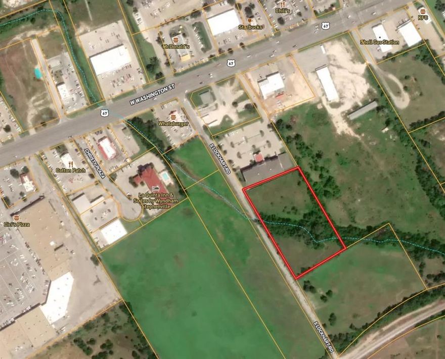 This property is in a great location approximately 500 feet south of Washington Street U.S. Hwy 377 in a growing commercial area of Stephenville.  The property is located directly behind the Holiday Inn Express and is adjacent to a new development (that is currently under construction). With over 3 acres you have to room needed for most any project. All ready for you with phase one environmental completed and survey.  Part of the property is in designated flood plain. Price is negotiable!!! Let’s make a deal!!!