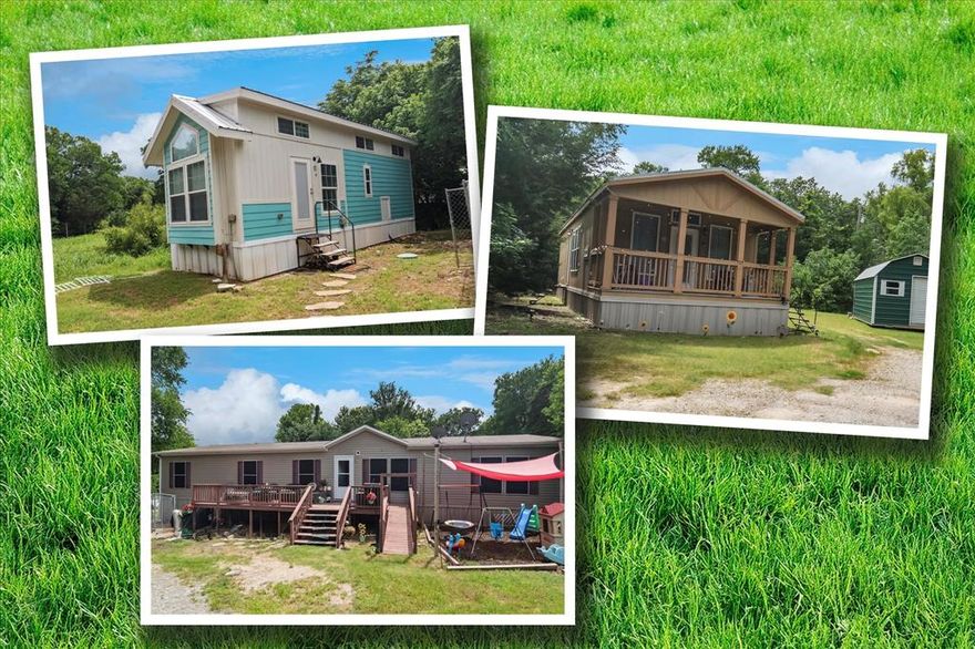 Three homes are included with this listing.  Information is regarding the double wide.  Main home has 4 bedrooms, 2 baths a large kitchen, dining and living room. Main home also has a storage outbuilding. In addition to the main home, there are two other homes that are currently leased.  A 1 bedroom 1 bath home with a loft and a 1 bedroom 1 bath home that is a cabin. The cabin also has an outbuilding for storage.  This is a very quiet location with no HOA.  There is a $180 per year road maintenance fee paid by each lot.  Outstanding school system.