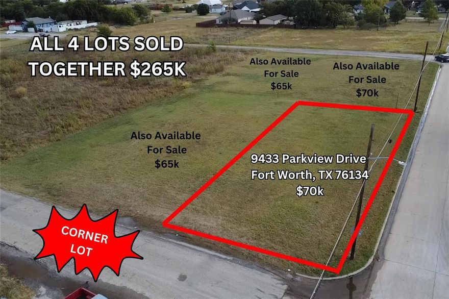 Investor-Developer Opportunity in Crowley, TX! Located at 9433 Parkview Drive, this prime corner lot is being sold together with 3 adjoining lots for a total package price of $265,000. Offering ample space and frontage, this combined property is ideal for residential development, a builder's project, or a long-term investment. Buyer to verify zoning and usage. Situated in a growing area with easy access to major roads and local amenities, the possibilities are wide open. Don’t miss your chance to secure four contiguous lots