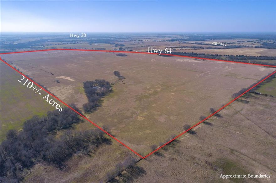 Magnificent East Texas sunsets and pastoral views of the countryside! You can see for miles from this high vantage point just south of Wills Point! 210 acres of gorgeous cattle land with three ponds! Frontage on Hwy 64 (2570 ft) and VZCR 3418 (1283 ft.) makes this a perfect parcel to develop! A thick carpet of established bermuda grass lends itself as a hay pasture or great for cattle production. Three ponds with fish! Just two minutes to the Van Zandt Regional Airport! Easy access to Interstate 20 and Hwy 80 for commuting to DFW Metroplex or Tyler! Only one hour to Dallas! The property has some restrictions including: No mobile homes, modular homes or RV's; no solar panel farms; no storage of trash, junk, rubbish, non-running vehicles. No storage of surplus building supplies or rock. No pigs or hogs.
Choose the country lifestyle today - fresh air, chirping birds, and peaceful surroundings!