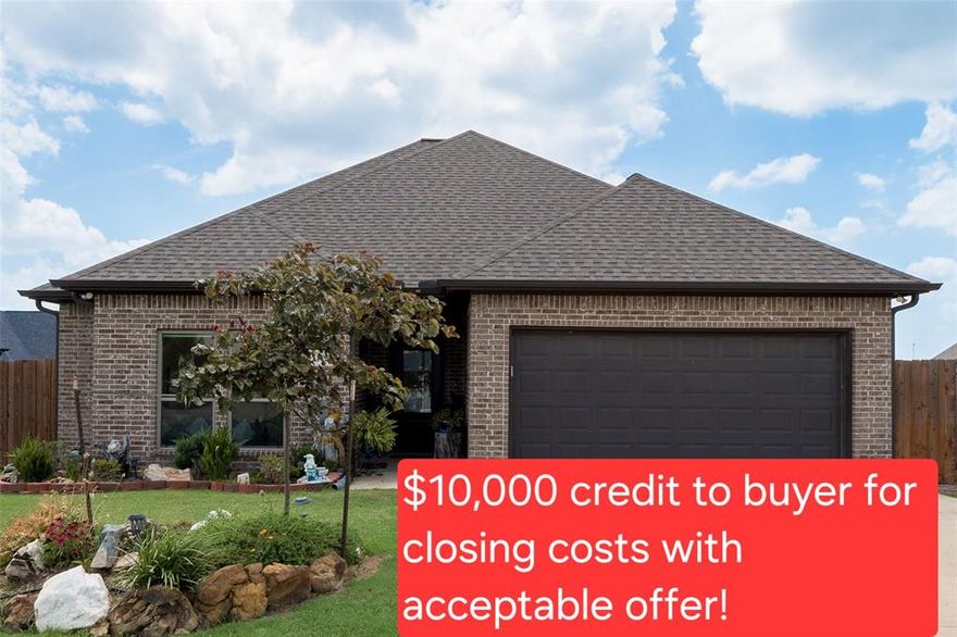 SELLER OFFERING up to $10,000 FOR BUYERS CLOSING COST! MOTIVATED SELLER! *** Take a look at this very attractive like new home in Mabank Meadows on the North side of Mabank close to Hwy 175 for easy commuting. This beautifully landscaped home features 3 bedrooms, all with walk-in closets, 2 bathrooms and an open concept kitchen and living areas. Enter the home onto the very nicely upgraded luxury vinyl plank flooring in the foyer, kitchen and bathrooms with carpeted living areas and bedrooms. Gorgeous kitchen with white cabinets, glass backsplash, granite countertops, stainless steel appliances, bar seating and eat-in kitchen dining area. Opens to a large living area perfect for entertaining your guests. The primary bedrooms offers a very nice space with a big walk-in closet, ensuite bathroom featuring a beautiful oversized shower and double sinks with granite countertops. You will love the back covered patio with a huge backyard surrounded by a nice wooden privacy fence. The backyard wraps around the side of the house and is gated in the front allowing for a great space for parking your trailer, RV or a boat. Best of all is the 16x20 building currently being used as storage and a workshop, insulated with electricity and a cooled & heated by a mini-split AC system. Also has an covered overhang perfect for your BBQ and cookout space. This building would make an awesome man-cave or shop for your hobbies! Floor decking above the garage also offers tons of storage above the garage in the attic. All of this on a huge lot, almost a quarter of an acre. This home is better than new and comes with some many improvements that you won't get with a new home. Come see this home soon and make it yours! Per seller, the remaining of the builders warranty is transferable as well!
