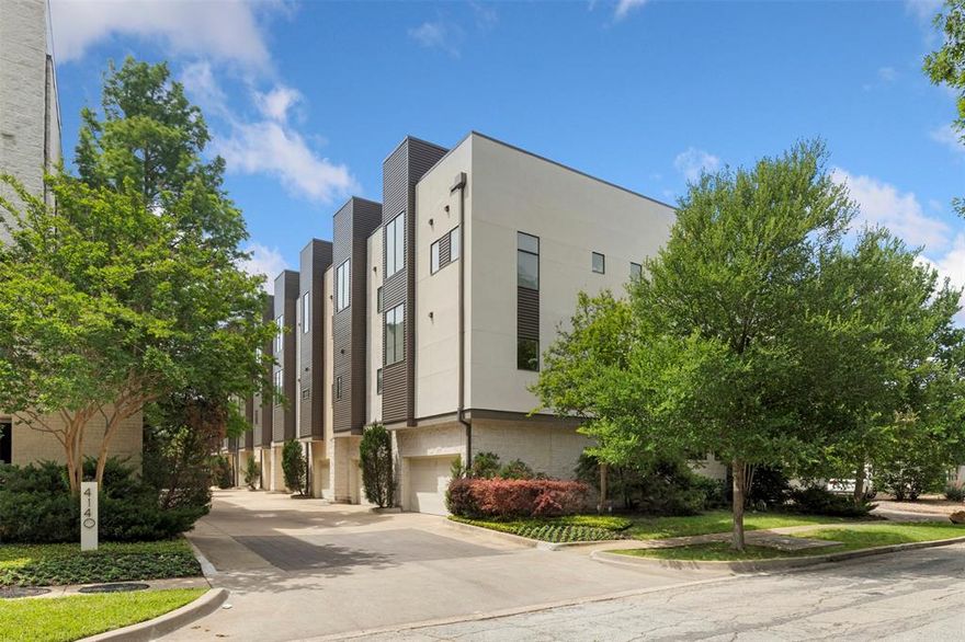 Set in the SOHIP–Turtle Creek area, this modern townhome unfolds across three levels with a layout that balances privacy and connection. Clean lines, high ceilings, and natural light shape each space. The first floor introduces a flexible bedroom with an ensuite bath, suited for guests or a quiet workspace. It is tucked away for effortless privacy. The main living level is on the second floor. There, the kitchen anchors the space with quartz surfaces, stainless steel appliances, and gas cooking. A dry bar with a wine fridge sits just off the kitchen, ready for evenings that move easily from cooking to conversation. The layout remains open. It invites gathering without effort. A sliding door extends the living area to a second-floor balcony, offering a natural transition between indoor and outdoor space. Light travels through the room throughout the day. The third floor is dedicated to the primary suite. The bedroom is generously scaled and has room for a sitting area or office, with a walk-in closet that has been expanded for function and ease. The bath includes a jetted tub, walk-in shower, and double vanity. Another sliding door opens to a private balcony, adding a quiet outdoor moment to the suite. Above, a rooftop deck offers wide views of Turtle Creek and the Dallas skyline. It is open. It is elevated. It creates space for both gathering and stillness. Additional outdoor areas include a fenced pocket yard. The setting places you near the Katy Trail, Turtle Creek Park, and nearby dining and retail destinations like a luxurious Equinox and Al Biernets, one of the finest steakhouses in Dallas.