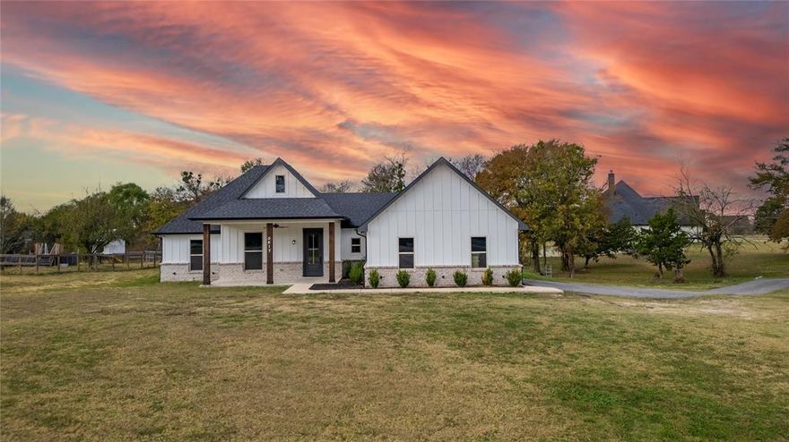 Discover Modern Farmhouse living at its finest in this stunning home that perfectly blends rustic charm with sleek sophistication. This like-new home sits majestically on a sprawling 1.32-acre corner lot, offering endless possibilities for various lifestyles.Built with energy efficiency in mind, including foam insulation. Step inside to be greeted by gorgeous, scored concrete floors that flow seamlessly throughout the open-concept living area, creating an industrial-chic vibe that's as practical as it is striking. The thoughtful design maximizes every bit of the 1,997 square foot interior, creating an atmosphere that feels both spacious and intimately welcoming. The heart of this home is the open living space. Featuring four bedrooms, including a generous primary suite that serves as your personal retreat featuring a luxurious en-suite bath and a large walk-in closet. The contemporary modern aesthetic shines through carefully curated design elements that celebrate clean lines and functional beauty. Large windows flood the interior with natural light, highlighting the elegant finishes and creating a bright, airy ambiance that makes everyday living feel effortless. The expansive corner lot positioning provides exceptional curb appeal and offers tremendous potential for gardens, play areas, or simply enjoying the peaceful Texas landscape. Whether you're hosting weekend barbecues or seeking a quiet morning coffee spot, this property delivers outdoor living opportunities in abundance. This exceptional property represents a rare opportunity to own a meticulously maintained home that requires absolutely nothing but your personal touches. Move-in ready and waiting for its next chapter, this modern farmhouse promises comfortable living with style and substance in perfect harmony. Schedule a tour today!...
