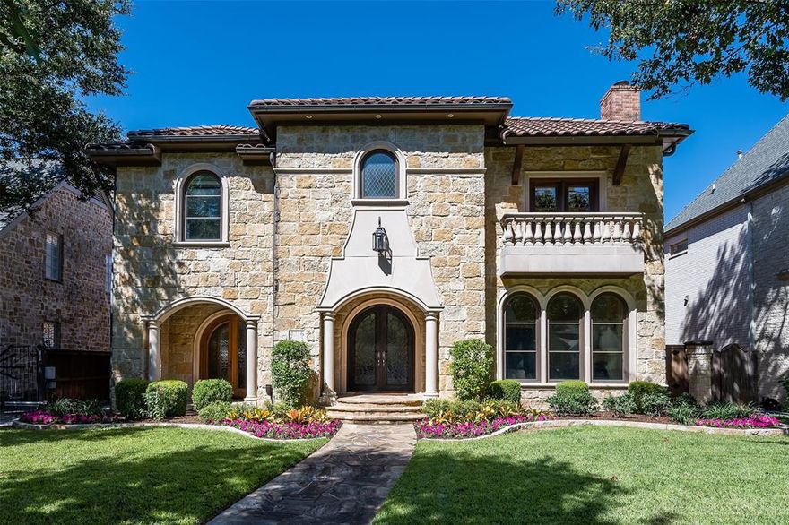 An elegant Tuscan style stone exterior with red tile roof highlights this extraordinary home in the BEST LOCATION! It's an easy walk to Preston Center, Lovers Lane Miracle Mile, Hyer Elementary or Highland Park High School. Grand entry hall with circular iron stair leads to living room with fireplace, spacious dining room, granite and stainless kitchen with butler's pantry open to family room with fireplace, wet bar and outdoor living area with fireplace and spectacular pool. Upstairs is the generous master suite complete with fireplace and 3 additional en suite bedrooms along with a large game room and third floor media room. There is also a private study and an additional workspace off of kitchen area.
