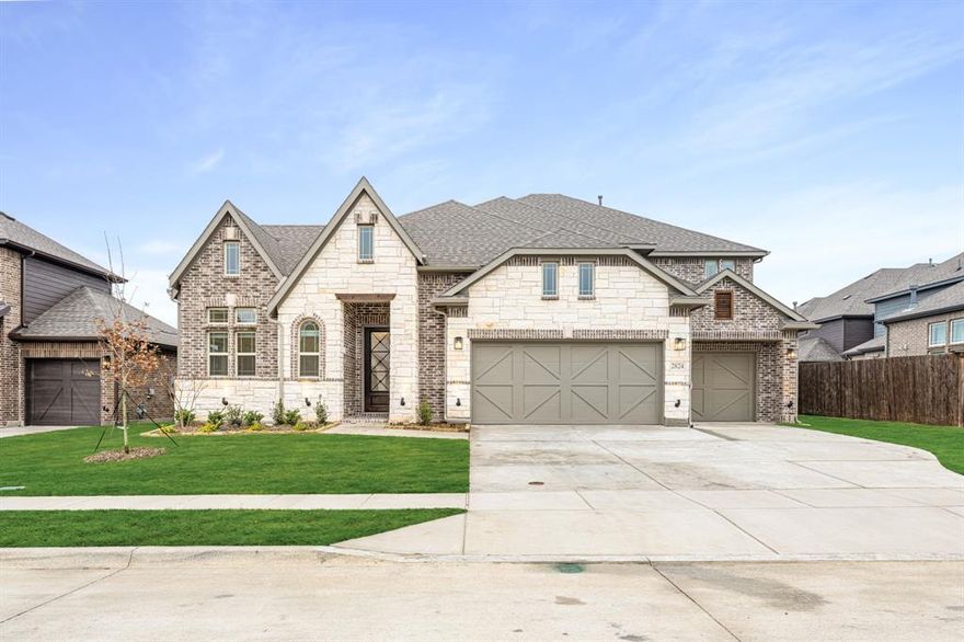 NEW! NEVER LIVED IN. Ready NOW! Welcome to Bloomfield Homes' Primrose FE V, a stunning two-story design blending architectural elegance with everyday functionality. The elevated brick-and-stone exterior with an 8’ 5-lite front door, brick front porch, and full landscaping with stone edging and sprinkler system creates a lasting first impression. Step inside to a bright, open layout where the foyer leads to a private study enclosed with glass French doors, followed by an inviting formal dining space and a spacious family room anchored by a stacked ledge-to-ceiling fireplace and paint-grade ceiling beams. The Deluxe Kitchen features quartz countertops, an island with cabinet skin, stainless steel appliances, under-cabinet lighting, and a farmhouse sink with pot filler—perfectly connecting to the breakfast nook overlooking the extended covered patio with a gas drop for grilling. Downstairs also includes 3 bedrooms with upgraded carpet and tile throughout, plus a luxurious primary suite with a quartz vanity, soaking tub, and walk-in shower. Upstairs, the home opens to a large game room with a built-in tech center, a media room prewired for sound, and a fourth bedroom with a full bath, ideal for guests or older kids. Throughout, you’ll notice thoughtful touches like modern metal railing, disc lighting in key areas, uplights along the front elevation, and recessed mini lights at the buffet. The 3-car garage includes a dedicated outlet and added storage space, while the exterior features a stained fence and full gutters for easy maintenance. Every detail is elevated—inside and out—with energy-efficient systems, premium finishes, and the craftsmanship Bloomfield is known for. Visit or call Bloomfield Homes at Villages of Hurricane Creek in Anna today to experience the Primrose FE V in person before it’s gone!