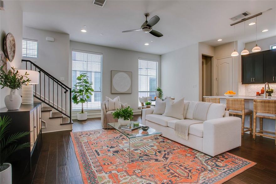 Welcome home to this beautifully positioned end-unit townhome-style condo, tucked within the interior of a secure, gated community—offering both privacy and an abundance of guest parking for effortless entertaining. Bathed in natural light, the home showcases tall ceilings and an open-concept layout that creates a bright, airy feel throughout. The main living and dining areas flow seamlessly into the kitchen, where recent updates include refreshed countertops and a stylish backsplash, complemented by stainless steel appliances. Upstairs, the primary suite has been thoughtfully updated with refined finishes, offering a fresh and elevated retreat. A second bedroom and full bathroom complete the top floor. On the ground level, enjoy the convenience of a private attached two-car garage, full-size laundry room, and a private turfed backyard, perfect for pets, low-maintenance living, or hosting guests. Convenient location along with nearby access to the vibrant dining and retail of the Knox-Henderson area, Lower Greenville, and West Village!